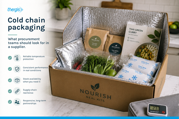 Cold chain packaging for meal kit deliveries showing insulated liners, gel packs and temperature-controlled food ingredients prepared for transit and delivery